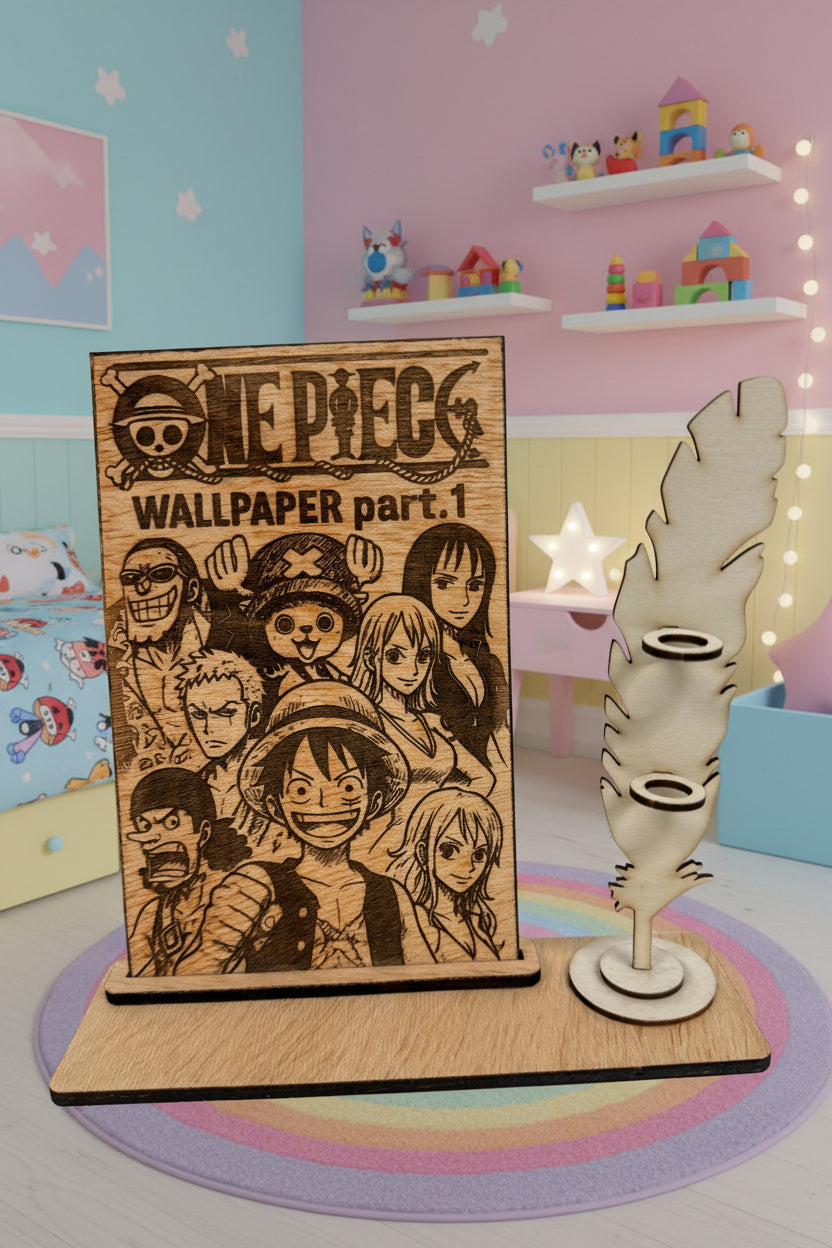 Placa de Madeira Gravada a Laser — One Piece + Porta-Canetas Pena
