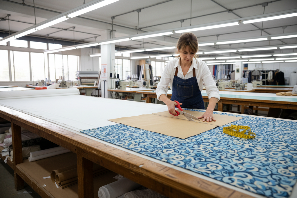 Mesa de corte de tecido com molde e tesoura profissional na Cosyart